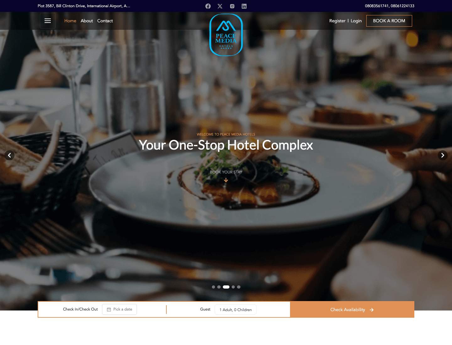 Peace Meadia Hotels Limited public website homepage with booking interface.