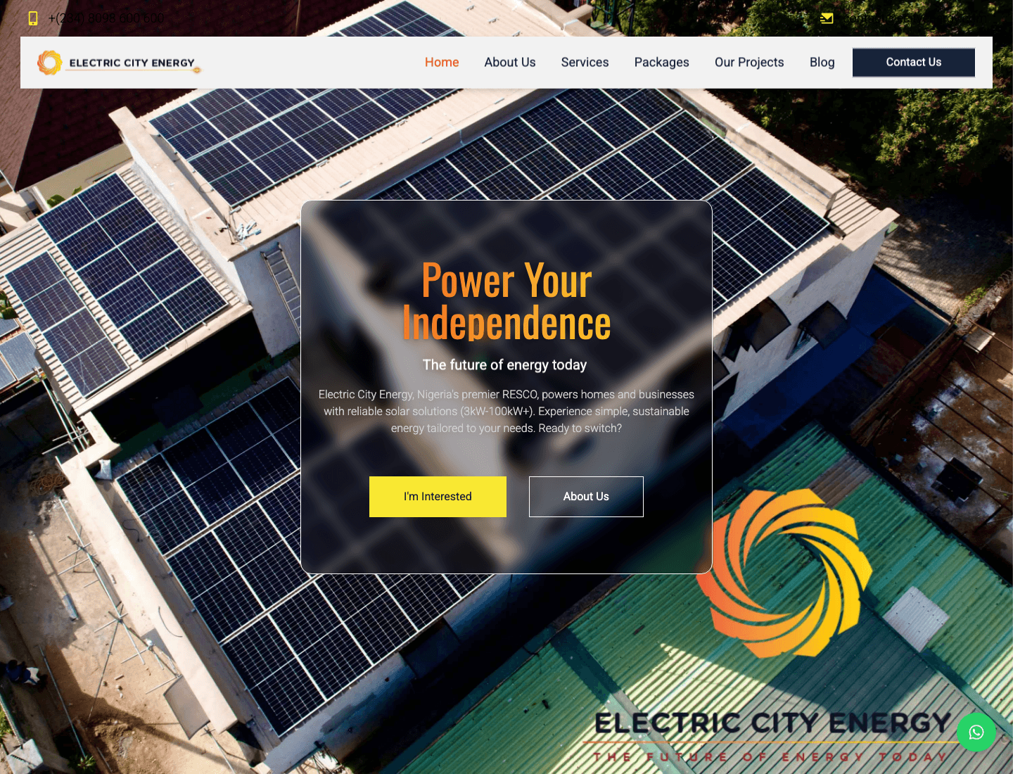 Electric City Energy Limited public website homepage with solar project hero.